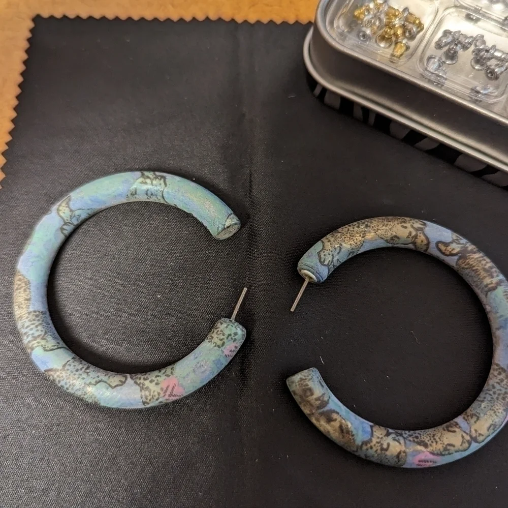 Boho Chic Hoop Earrings Leopard Print Blue Tan Statement Earrings Unique Jewelry